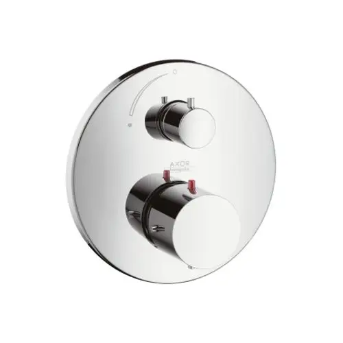 Thermostat mit zwei Bedienelementen auf runder Chrom-Oberfläche, hergestellt von AXOR. Eignet sich für die Unterputzmontage.